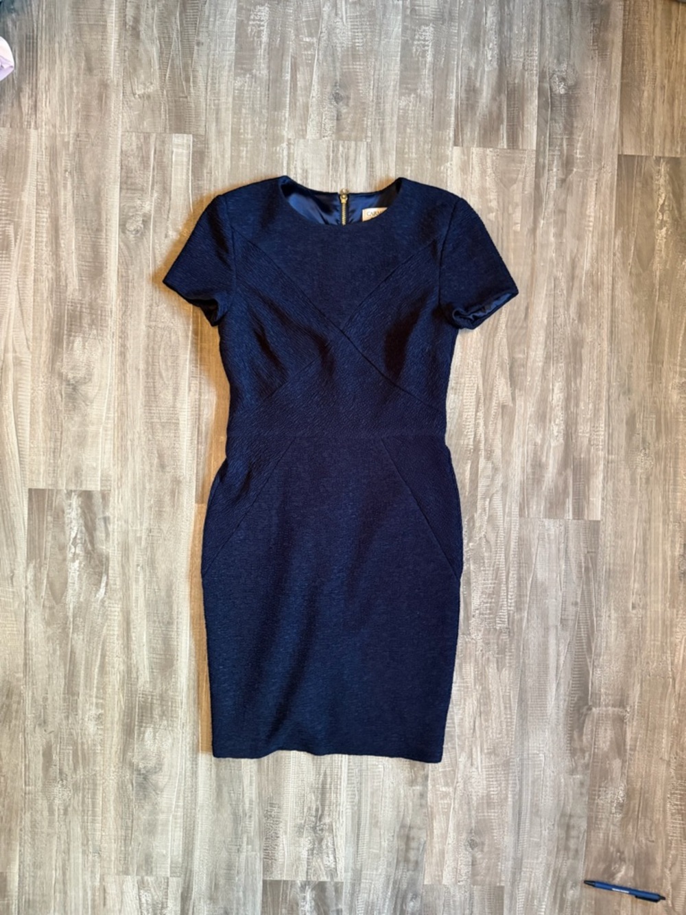 Carmen Marc Valvo Navy Textured Sheath Midi Dress